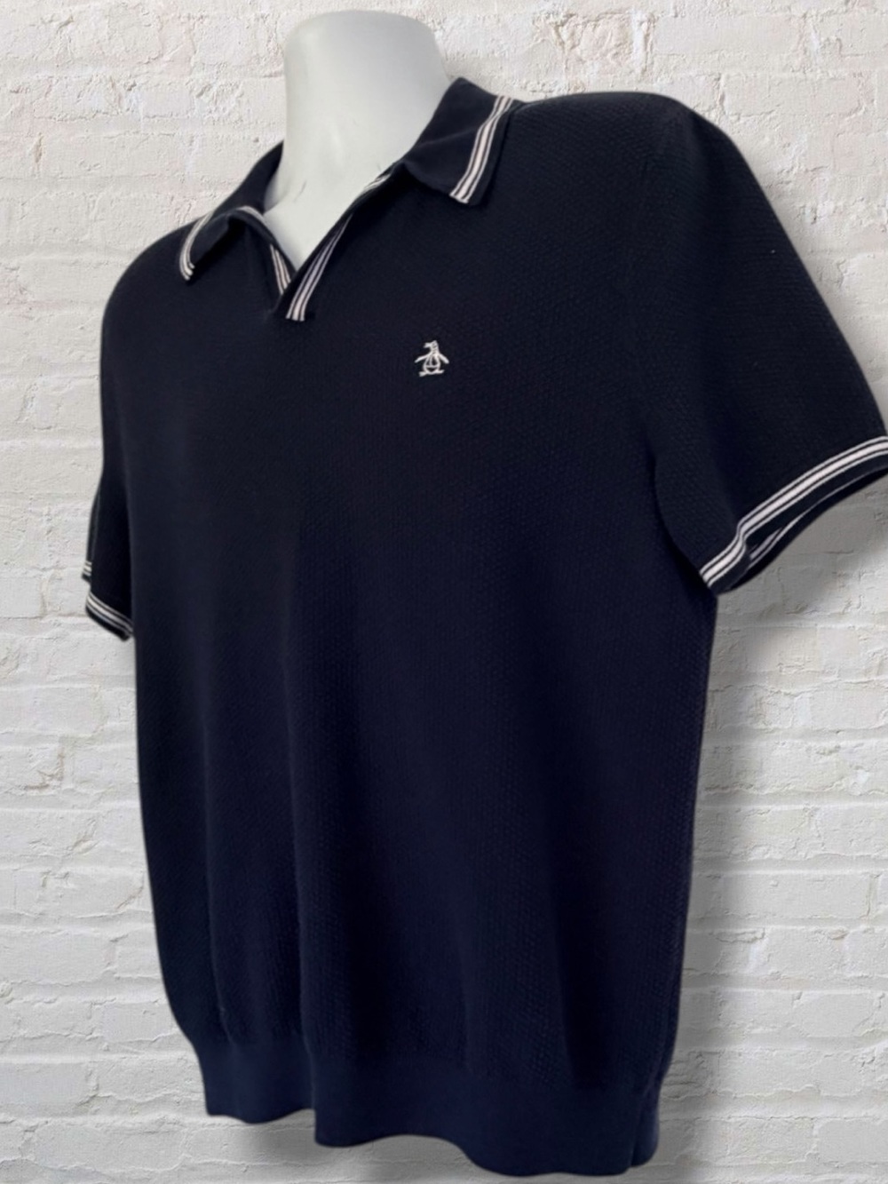 Original Penguin Polo Shirt Large Navy Blue Textured Knit Cotton Banded Hem Golf